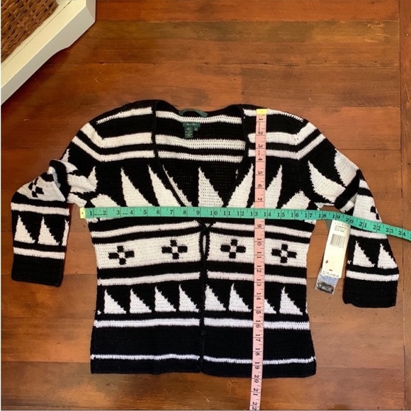 NWT Lauren Ralph Lauren Sevilla Hand Knit Cardigan Sweater Pearl and Black Knit - Picture 9 of 15